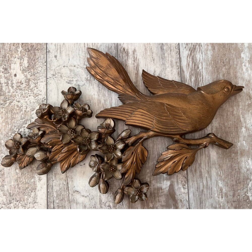 Vintage 1967 Syroco Gold Bird & Flowers Wall Plaque #7038  MCM Decor